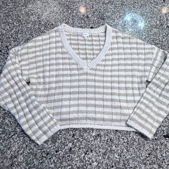 Striped Beige Sweater neutral, soft, cropped, cozy - Picture 1 of 5